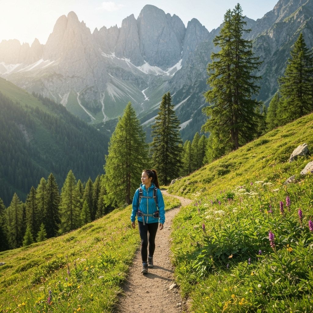 Hiker in weather-resistant gear navigating muddy alpine trail in drizzling rain