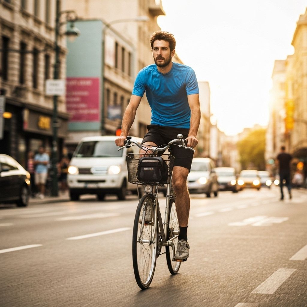 Cyclist in breathable, reflective gear riding through urban environment