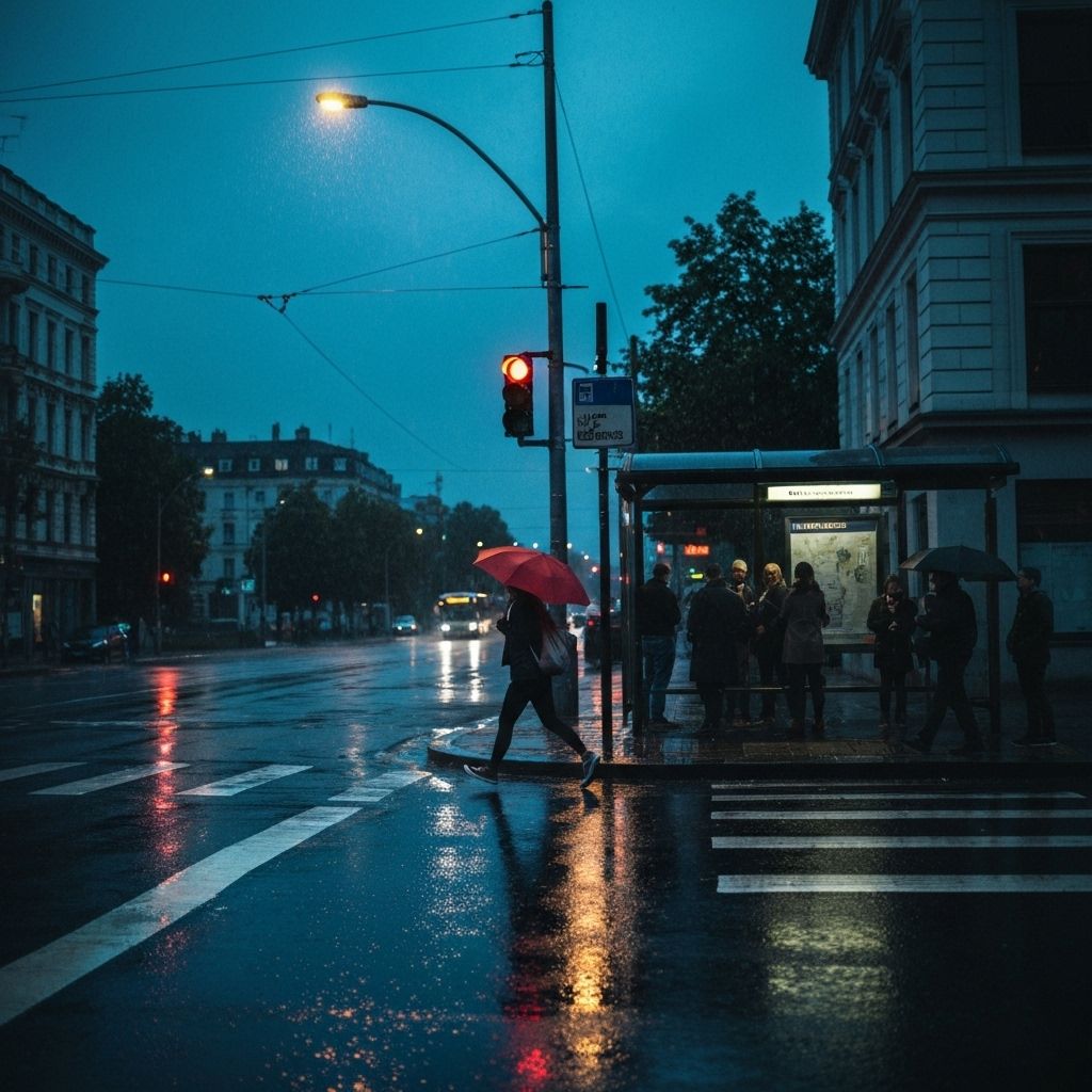 Person in sleek weather-resistant jacket walking through rainy city street
